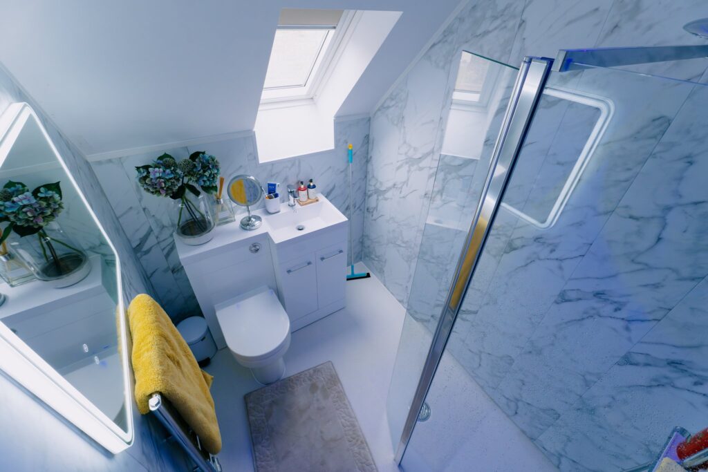 Sophie's finished loft wet room from above: level-access shower with glass screen, vanity unit and skylight.