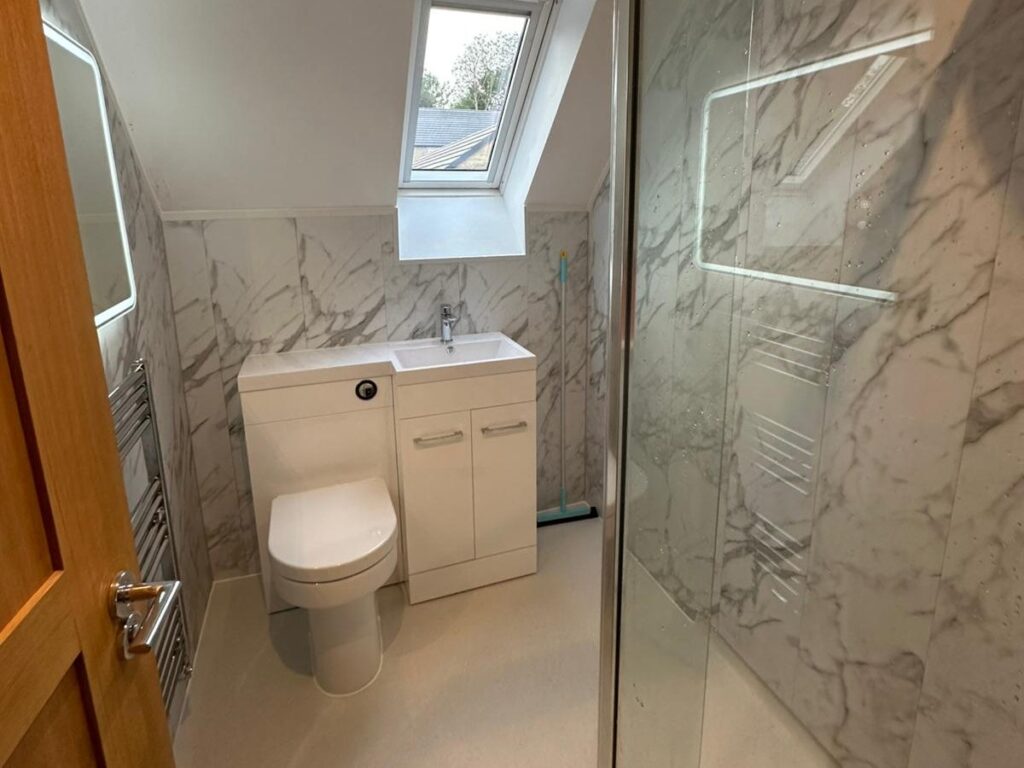 Sophie's wet room from the doorway: level floor, glass screen and skylight under the sloped ceiling.