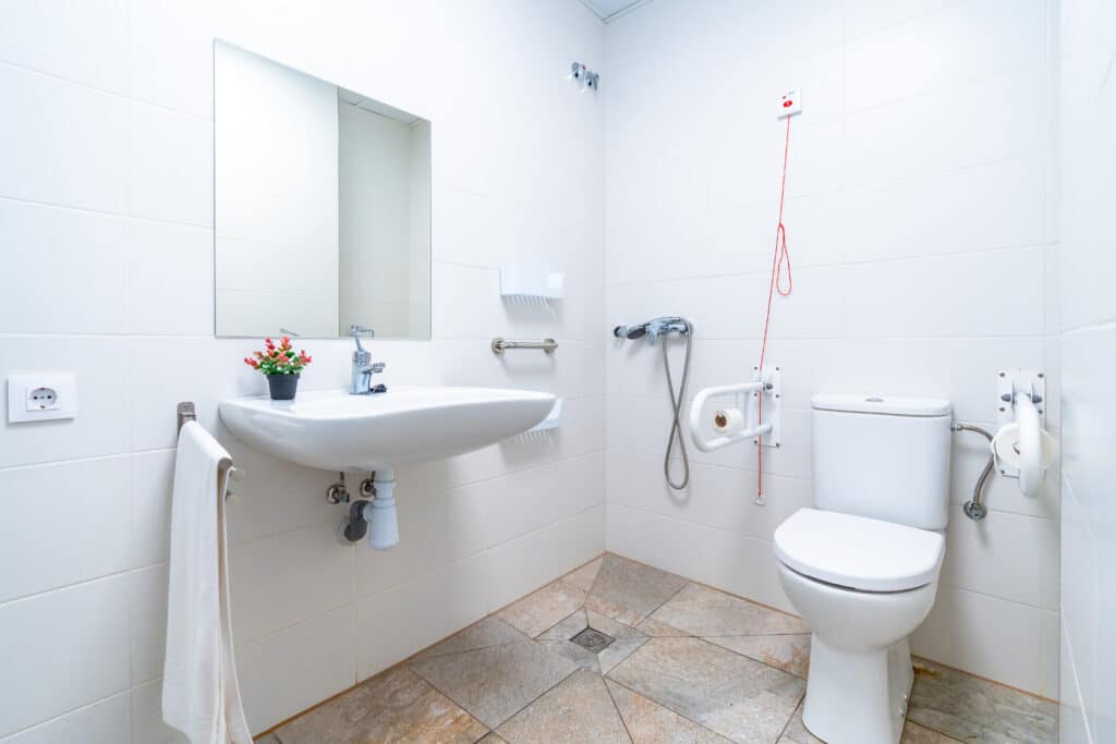 Accessible wet room featuring a wall-mounted sink, grab bars, a toilet, handheld shower, and red emergency pull cord. The space has white walls, brown tiled floor, and a small potted plant on the sink—ideal for age care bathrooms.