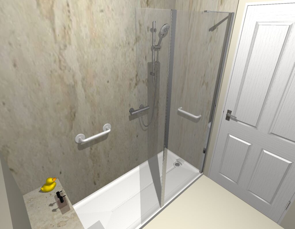 3D CAD design of Edward's new walk-in shower bathroom, produced before installation began.