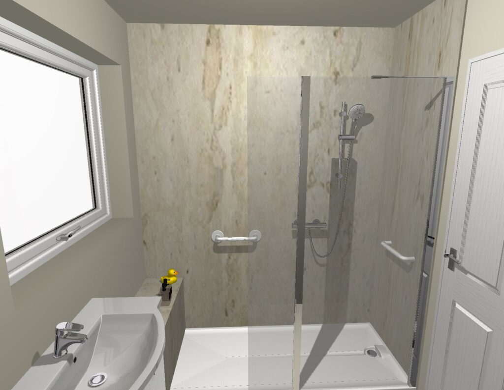 3D CAD design of Edward's new walk-in shower bathroom, produced before installation began.