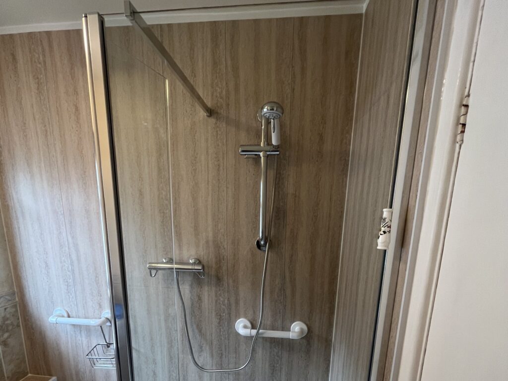 The thermostatic shower, handheld head on a riser rail and grab rail in Edward's new walk-in shower.