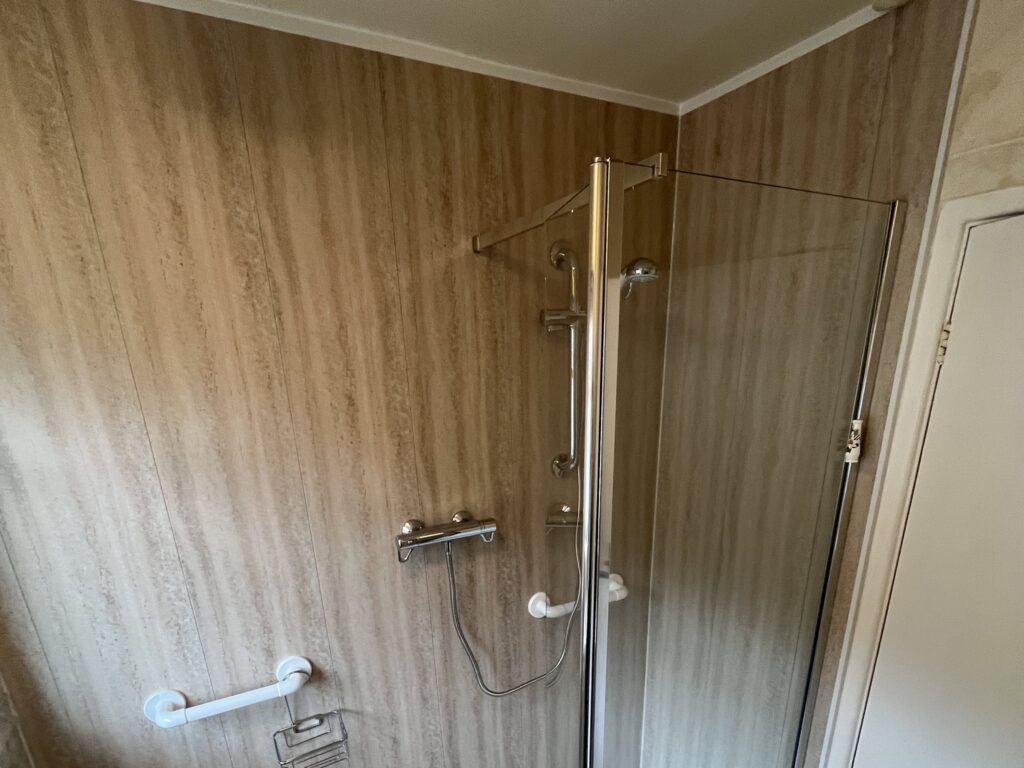 Edward's walk-in shower enclosure, with grab rails on two walls and a clear glass screen.