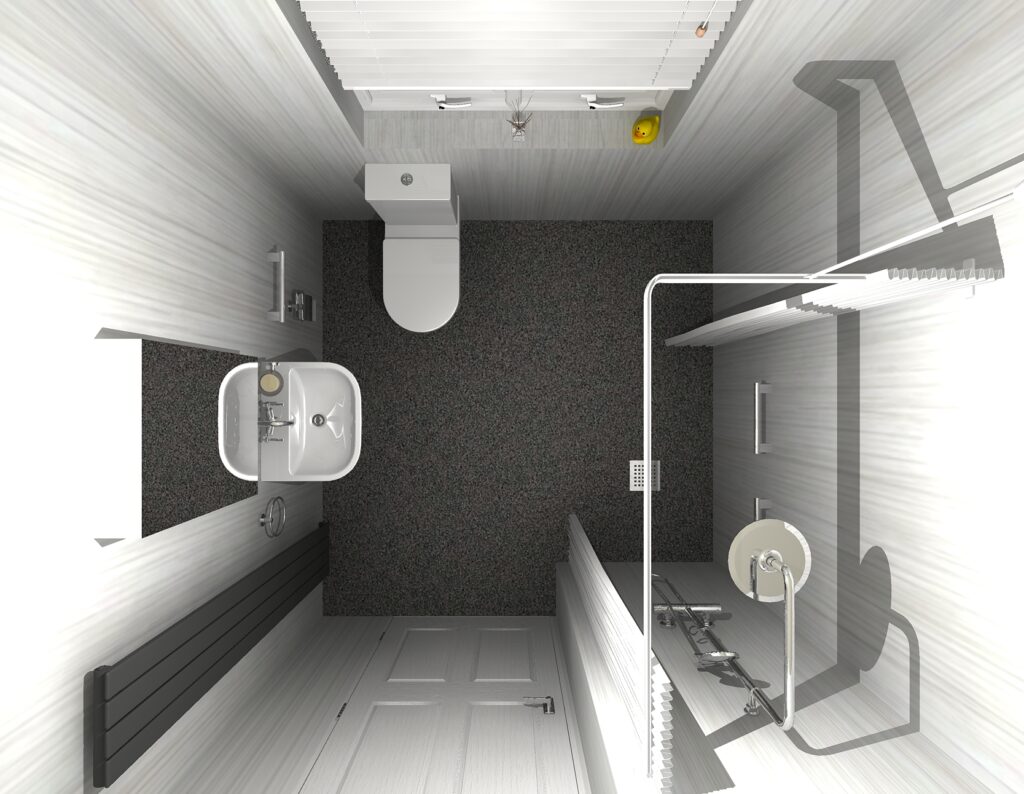 3D CAD design of Kate's new level-access wet room, produced before installation began.