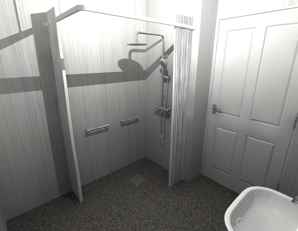3D CAD design of Kate's new level-access wet room, produced before installation began.