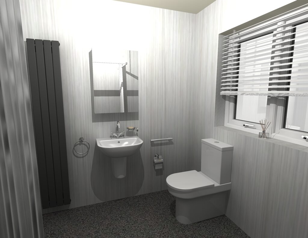 3D CAD design of Kate's new level-access wet room, produced before installation began.
