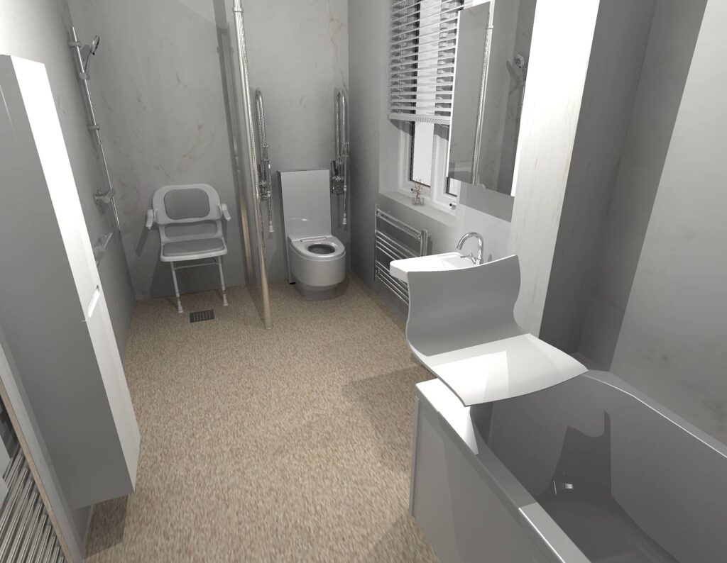 3D CAD design of Clare's new accessible wet room, produced before installation began.