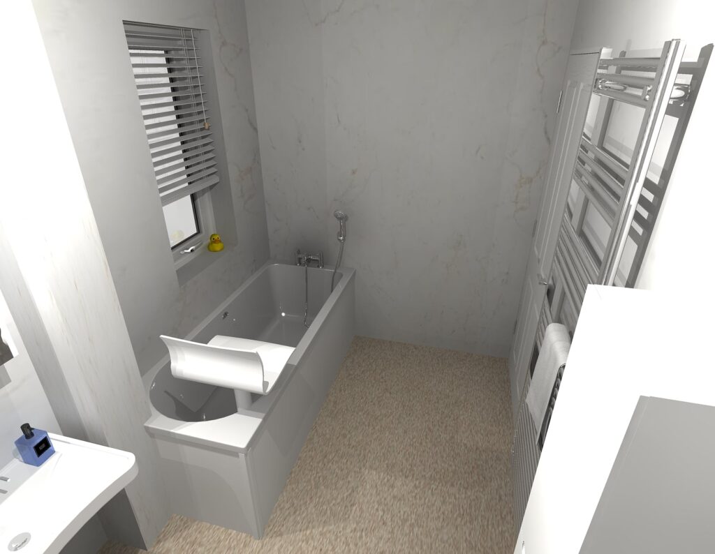 3D CAD design of Clare's new accessible wet room, produced before installation began.