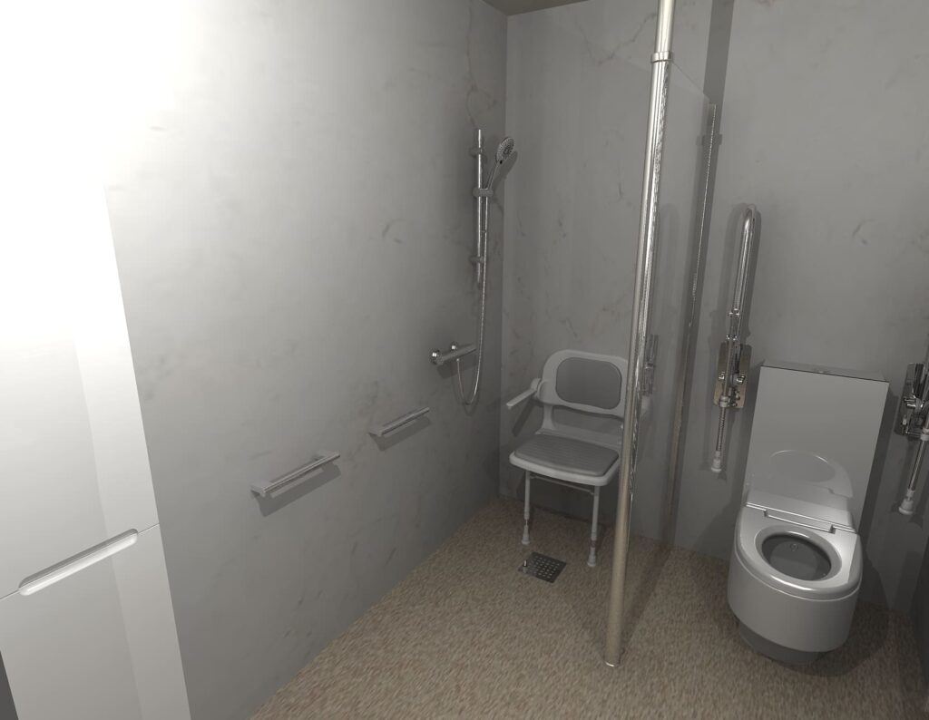3D CAD design of Clare's new accessible wet room, produced before installation began.