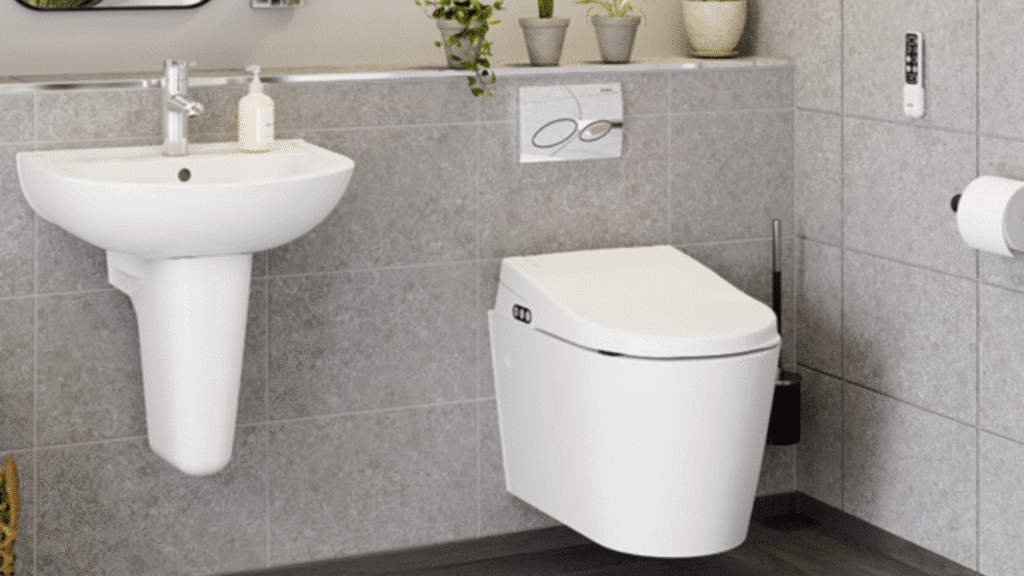 A wide-angle view of a contemporary accessible bathroom featuring an AKW wall-hung bidet toilet, a sleek pedestal wash basin with a minimalist mirror, and neutral grey wall tiles. The design highlights a wall-mounted remote control for the wash and dry functions, providing a practical yet stylish solution for modern mobility needs.