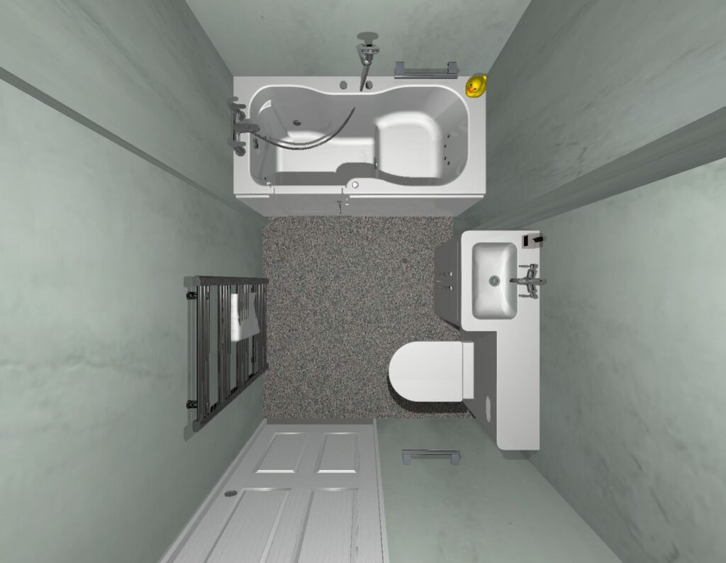 Top-down 3D design render by Age Care Bathrooms for an accessible bathroom layout, featuring a walk-in bath with an integrated door, a toilet and vanity unit, and grey wall panels.
