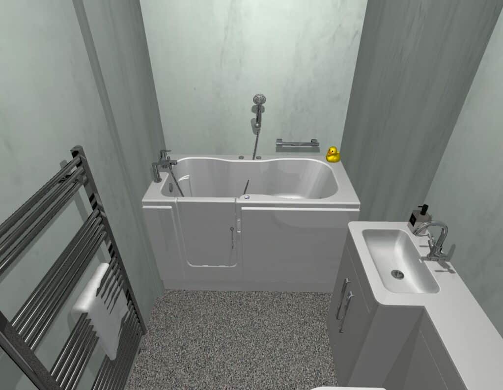 A 3D design render by Age Care Bathrooms showing a modern accessible bathroom with a walk-in bath, a sleek white vanity sink unit, and a chrome heated towel rail against grey marble-effect wall panels.