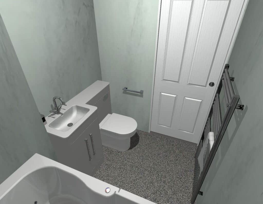 A 3D design render by Age Care Bathrooms showing a modern accessible bathroom with a walk-in bath, a sleek white vanity sink unit, and a chrome heated towel rail against grey marble-effect wall panels.