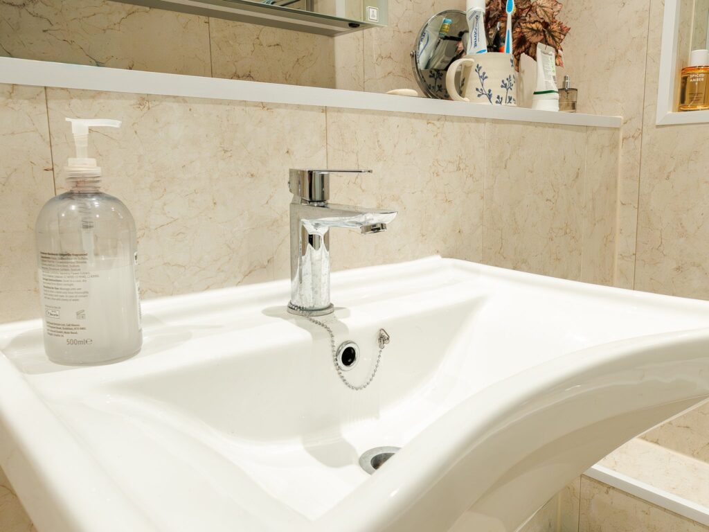 The easy-reach basin in Olivia's wet room, with a lever mixer tap that's simple to use