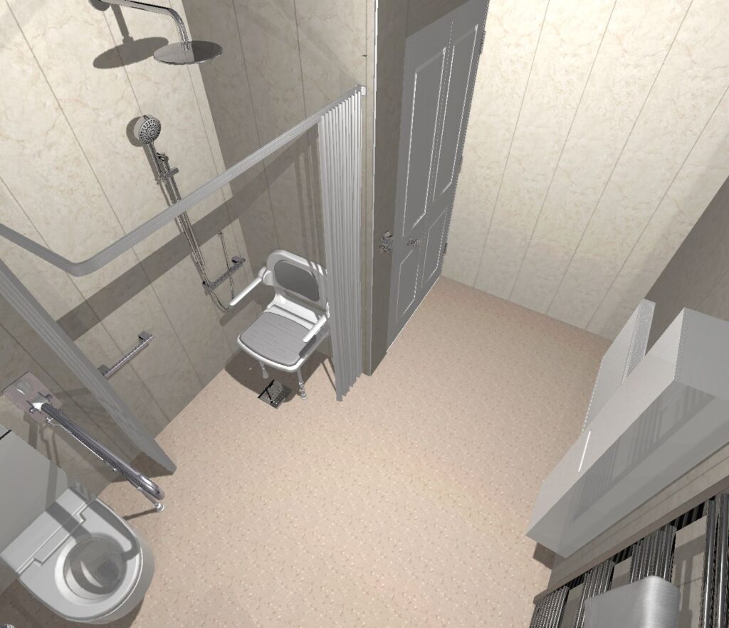 3D CAD design of Olivia's new wet room, produced before installation began.
