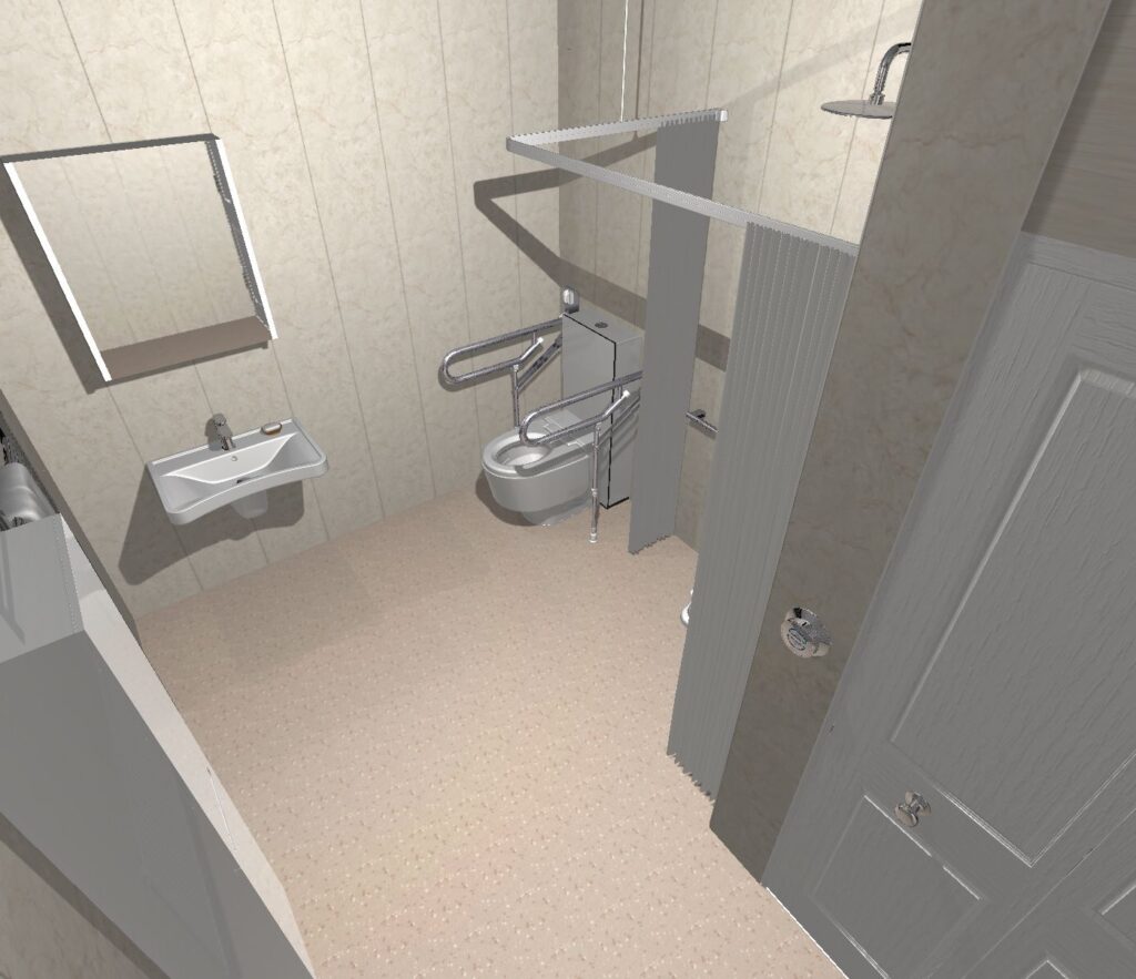 3D CAD design of Olivia's new wet room, produced before installation began.