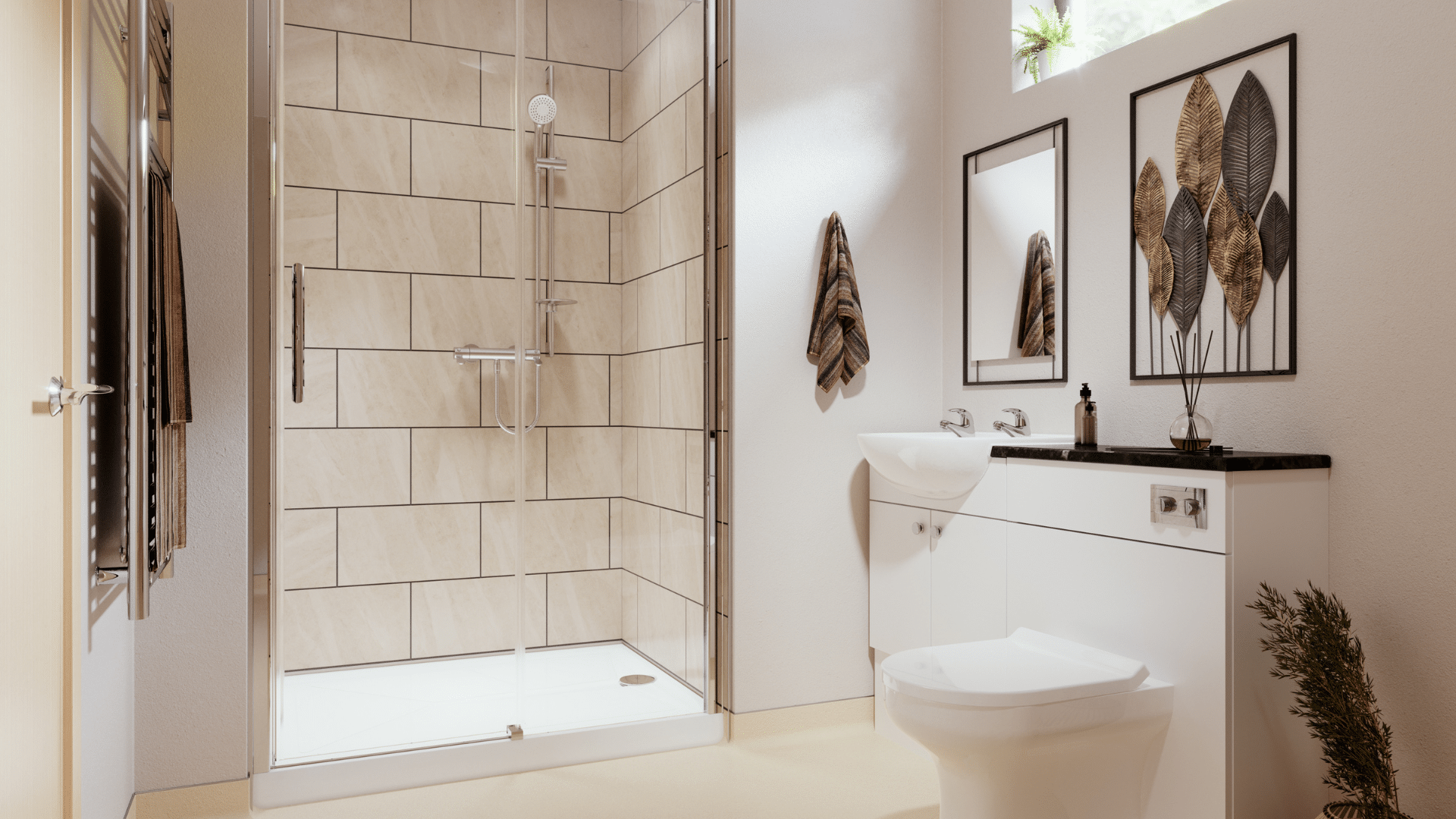 A modern accessible bathroom featuring a large walk-in shower with natural sandstone-effect tiles and a low-profile tray. The space includes a white integrated vanity unit with a toilet and sink, a chrome heated towel rail, and contemporary leaf-patterned wall art.
