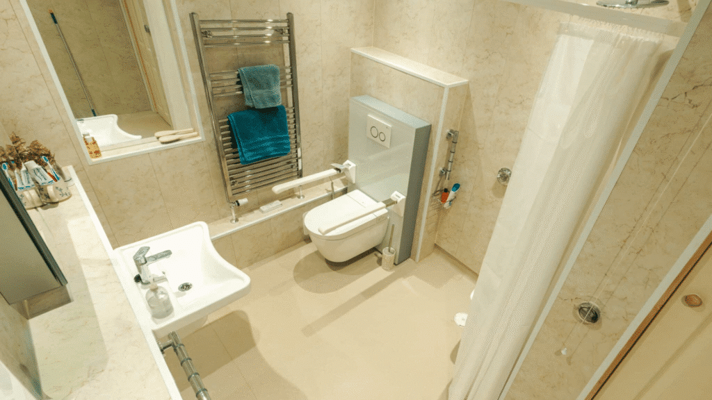 Completed customer bathroom renovation by Age Care Bathrooms, render brought to reality