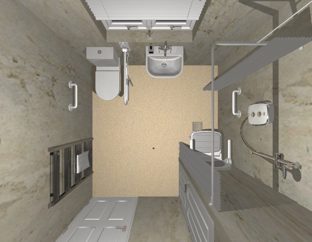 3D CAD design of Samantha's new wet room, produced before installation began.