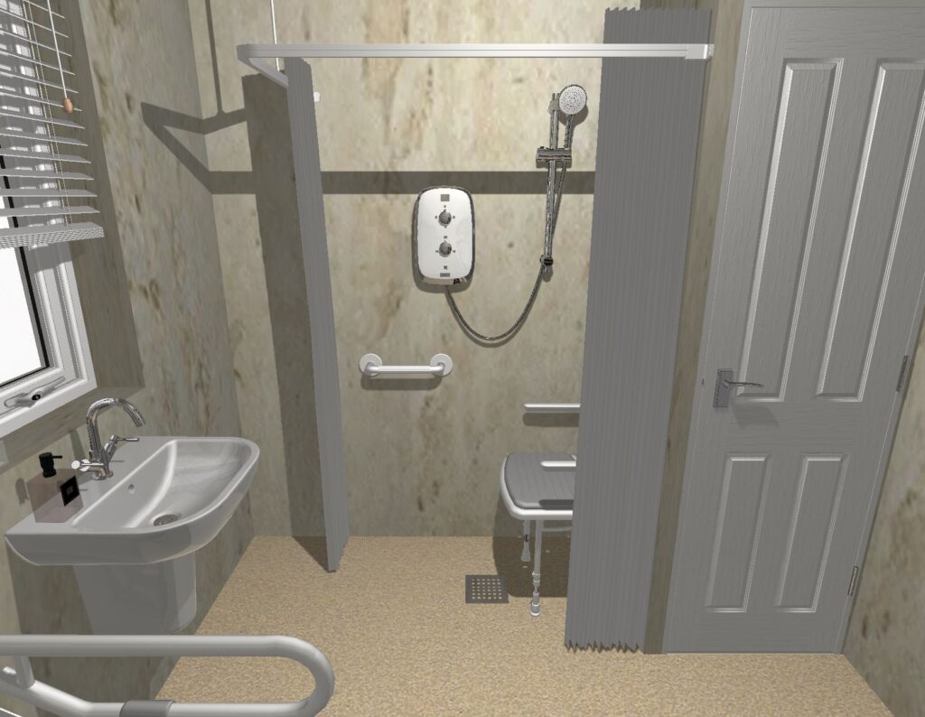 3D CAD design of Samantha's new wet room, produced before installation began.
