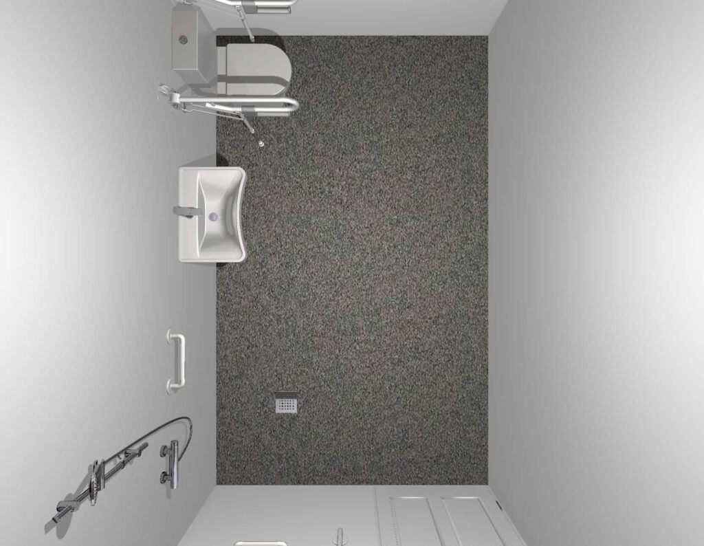 3D CAD design of Stella's new wet room, produced before installation began.