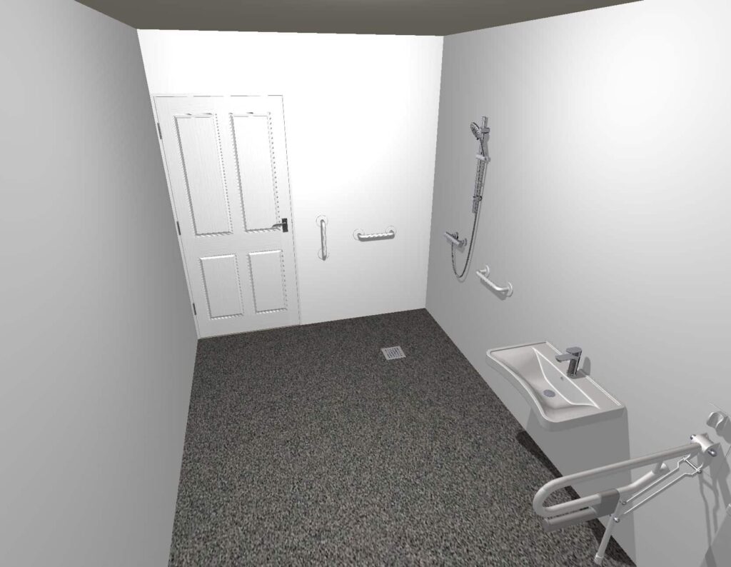 3D CAD design of Stella's new wet room, produced before installation began.