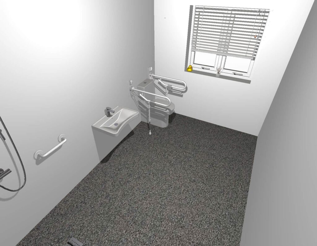 3D CAD design of Stella's new wet room, produced before installation began.