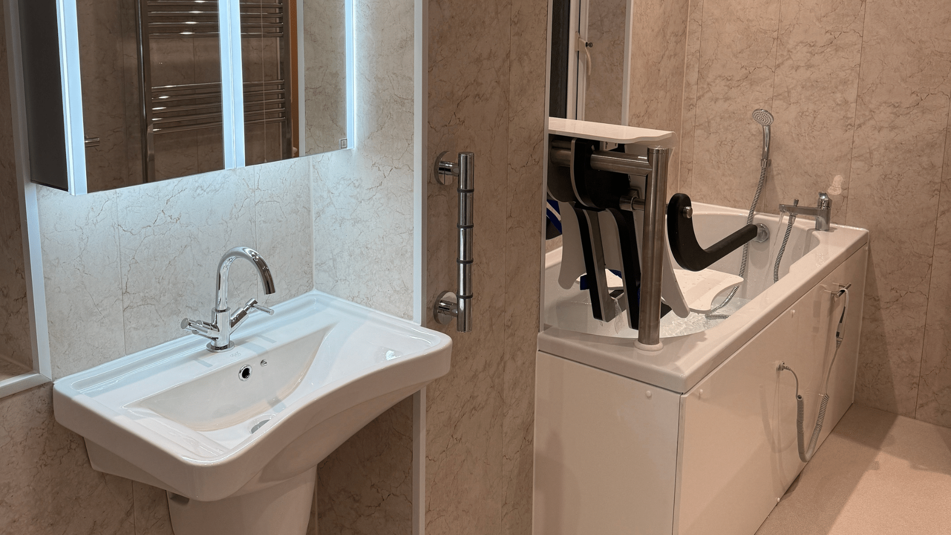 Full-length Walk-in bath installation designed and fitted by the team at Age Care Bathrooms