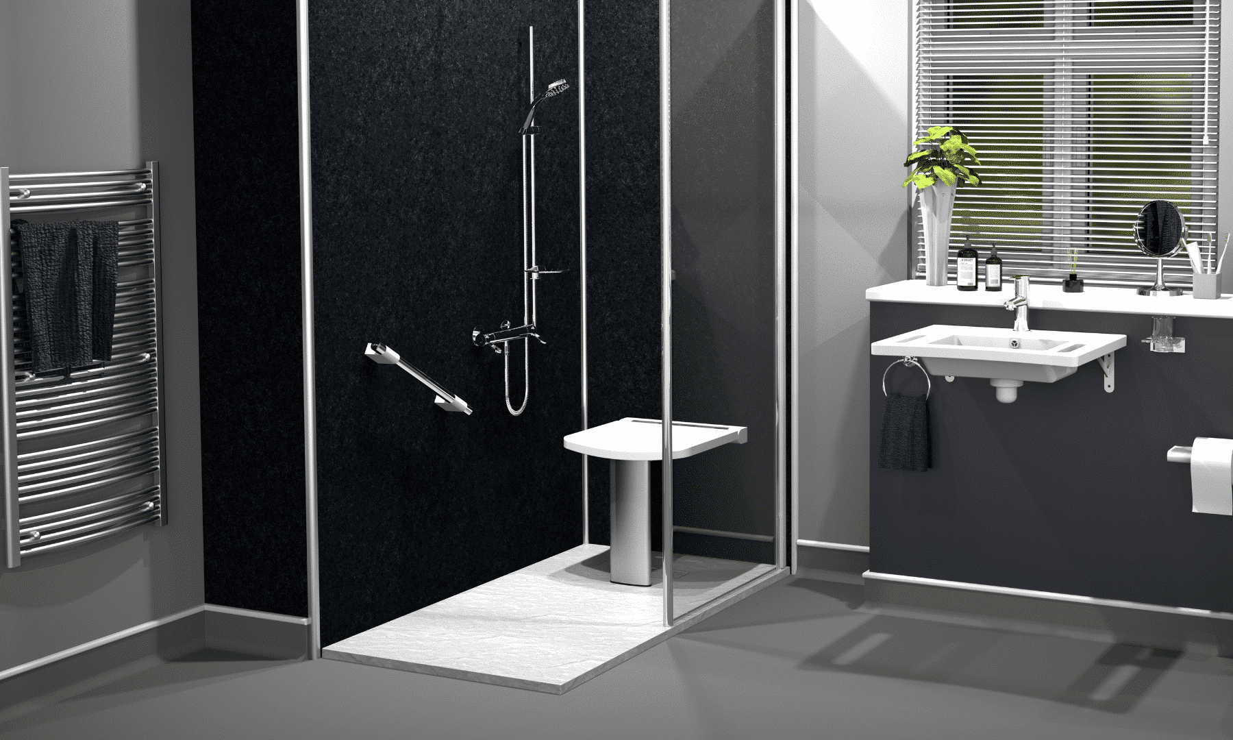 3D render of a mobility bathroom with a black walk-in shower wall, a fold-down seat, and a sink.