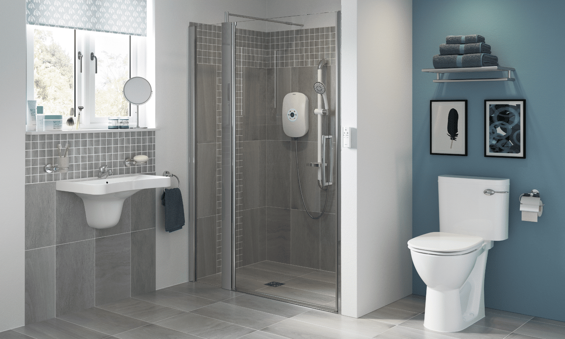 Modern mobility bathroom with grey tiling, walk-in shower, and a blue feature wall.