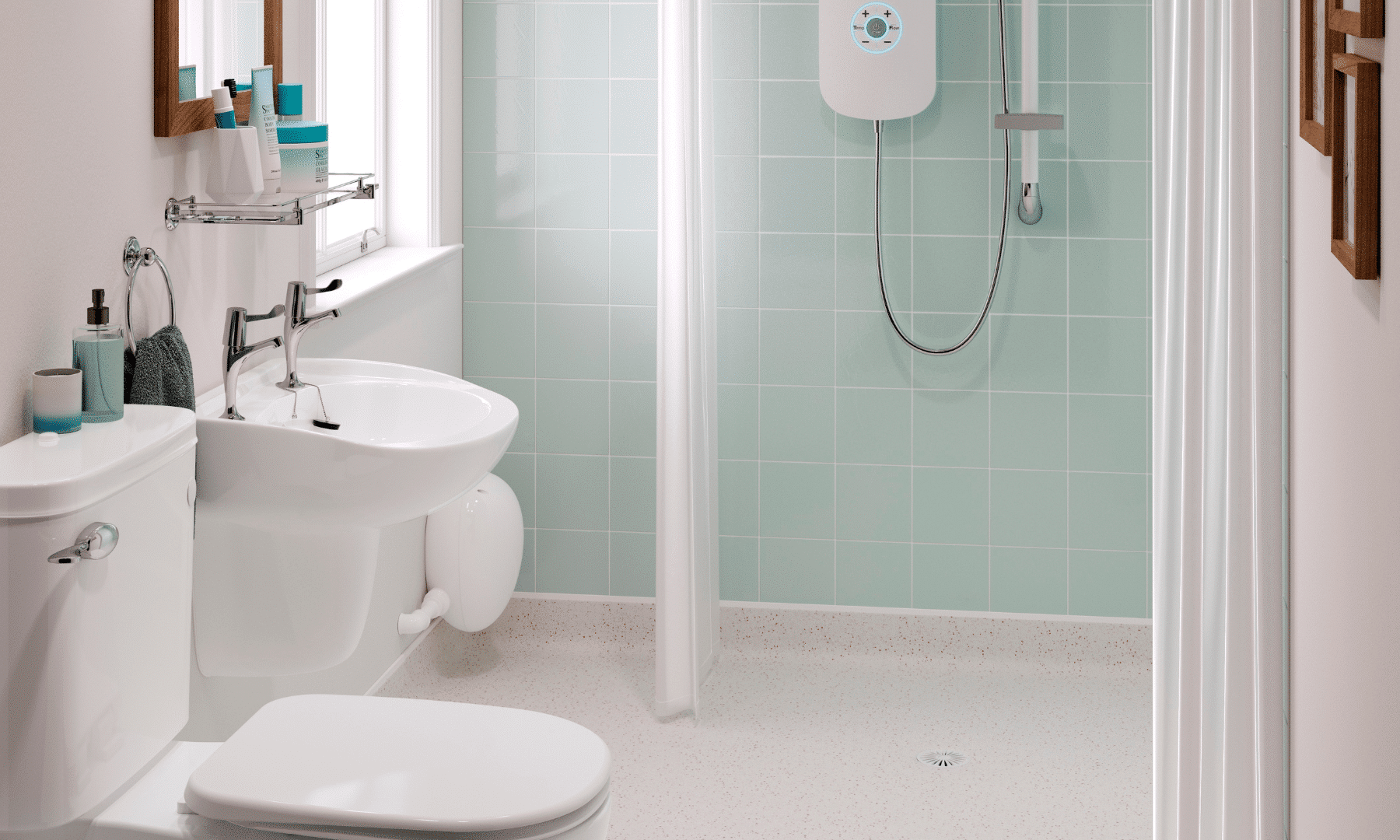 Mobility bathroom featuring light blue tiles, a pedestal sink, and a barrier-free walk-in shower.