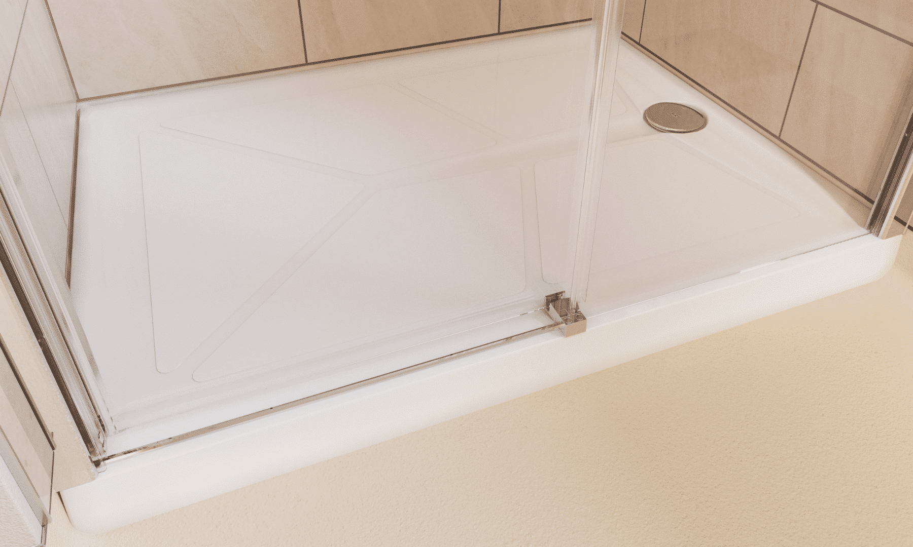 Close-up of an accessible white walk-in shower tray with a non-slip geometric design.