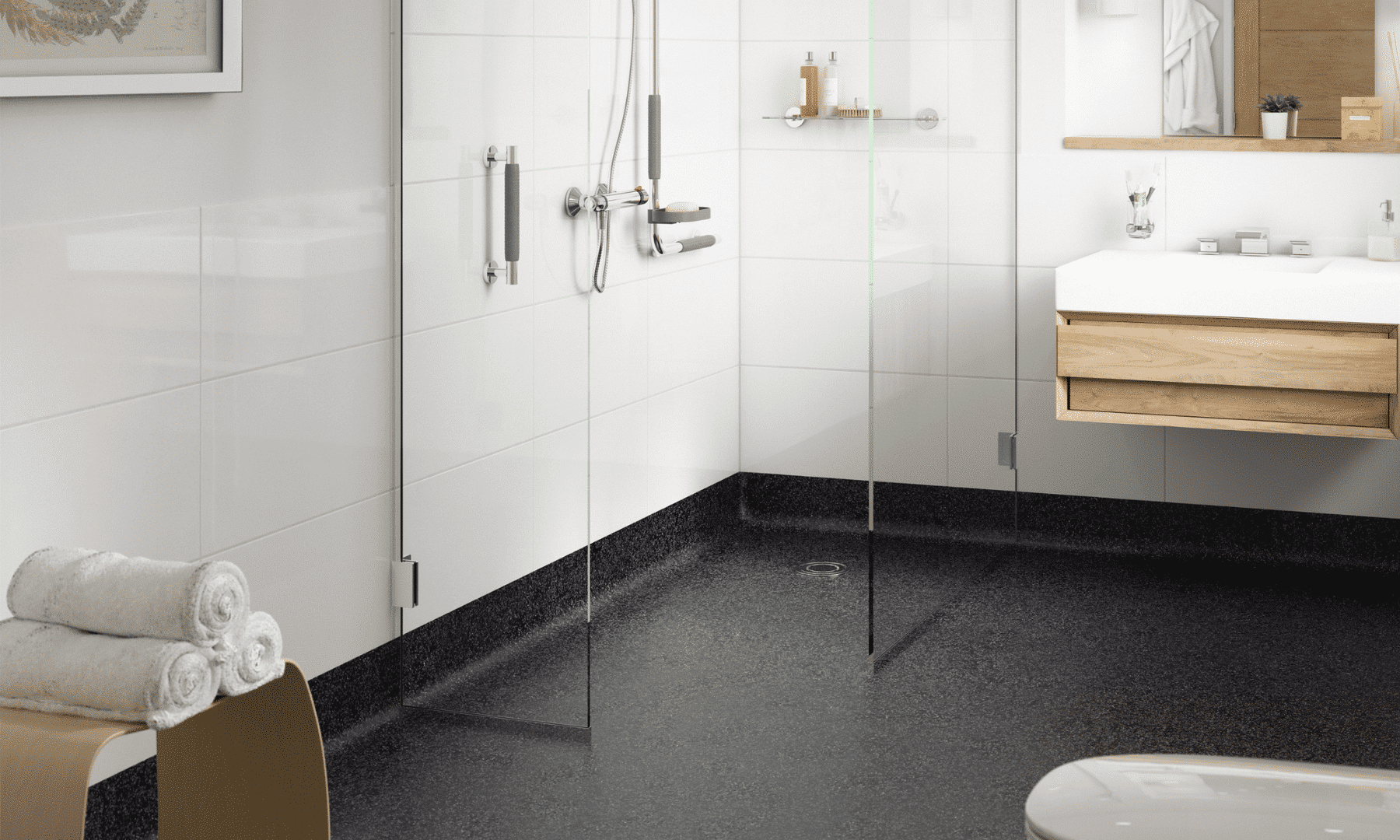 Modern mobility bathroom with black non-slip floor, white tiles, and a floating vanity unit.