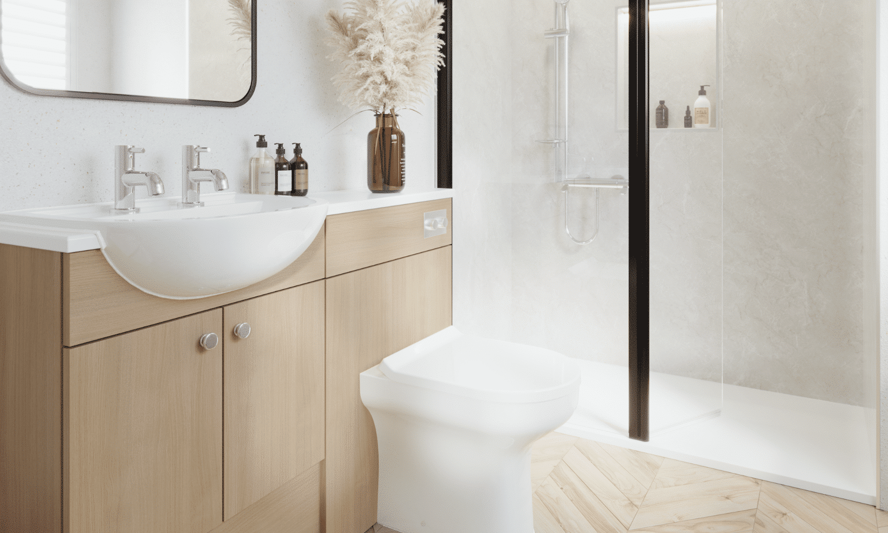 Modern mobility bathroom with twin sinks, wood vanity, and a barrier-free glass walk-in shower.