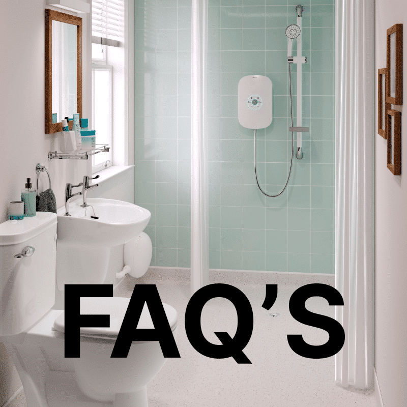 Mint green tiled bathroom with a shower, toilet, sink, and large "FAQ'S" text overlay.