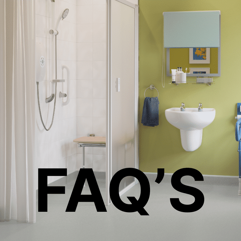 Accessible wet room photo with 'FAQs' text, shower seat, and green accent wall.