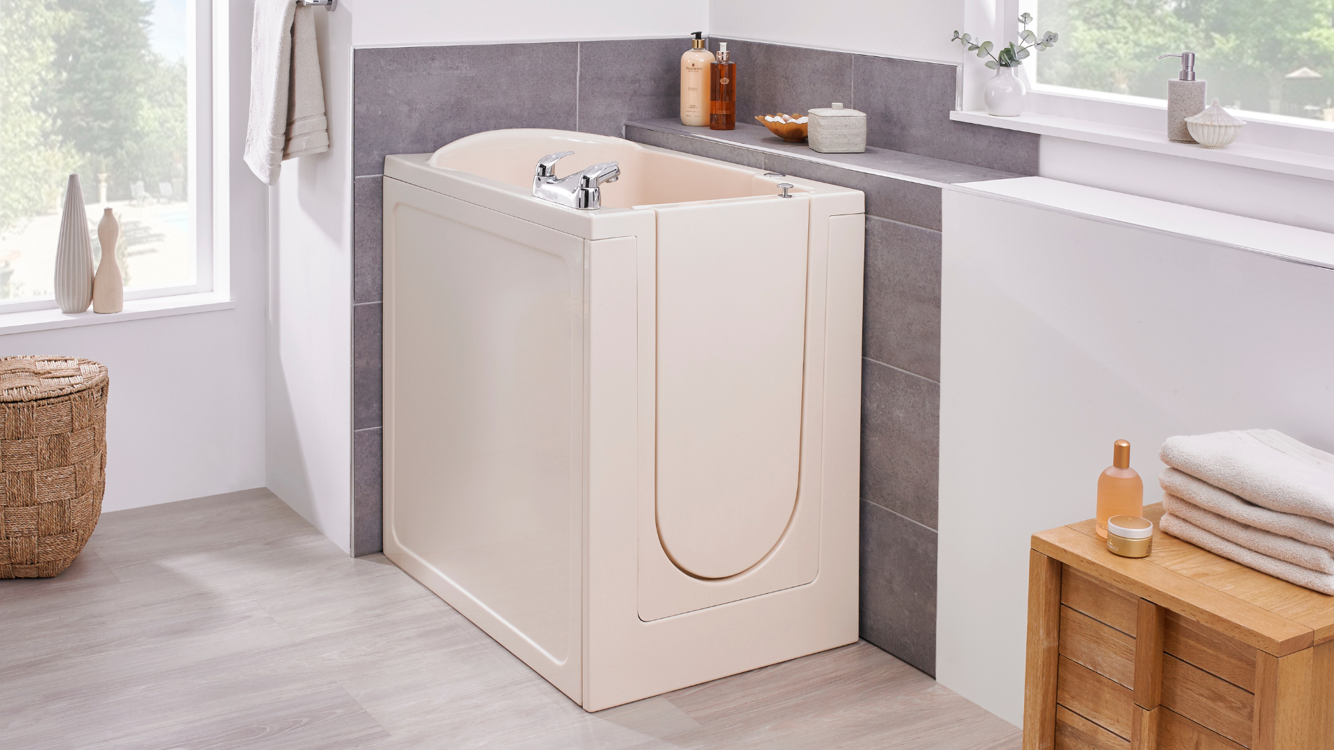 Space-saving walk-in bath, the "Florida" with front entry door. Installed by Age Care Bathrooms.