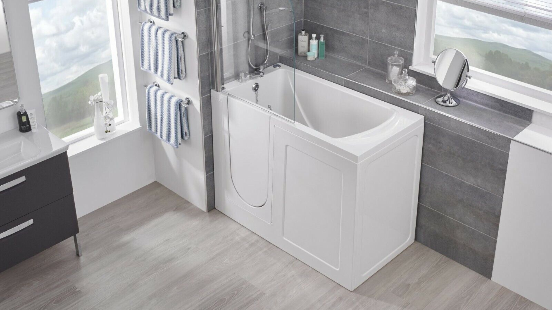 Mid-length walk-in bath, the "Georgia". Supplied and installed by Age Care Bathrooms.