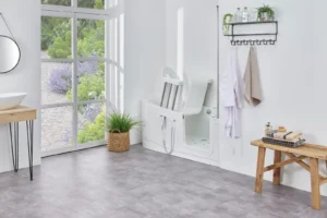 The Easy Riser walk-in bath with the powered seat raised to full height
