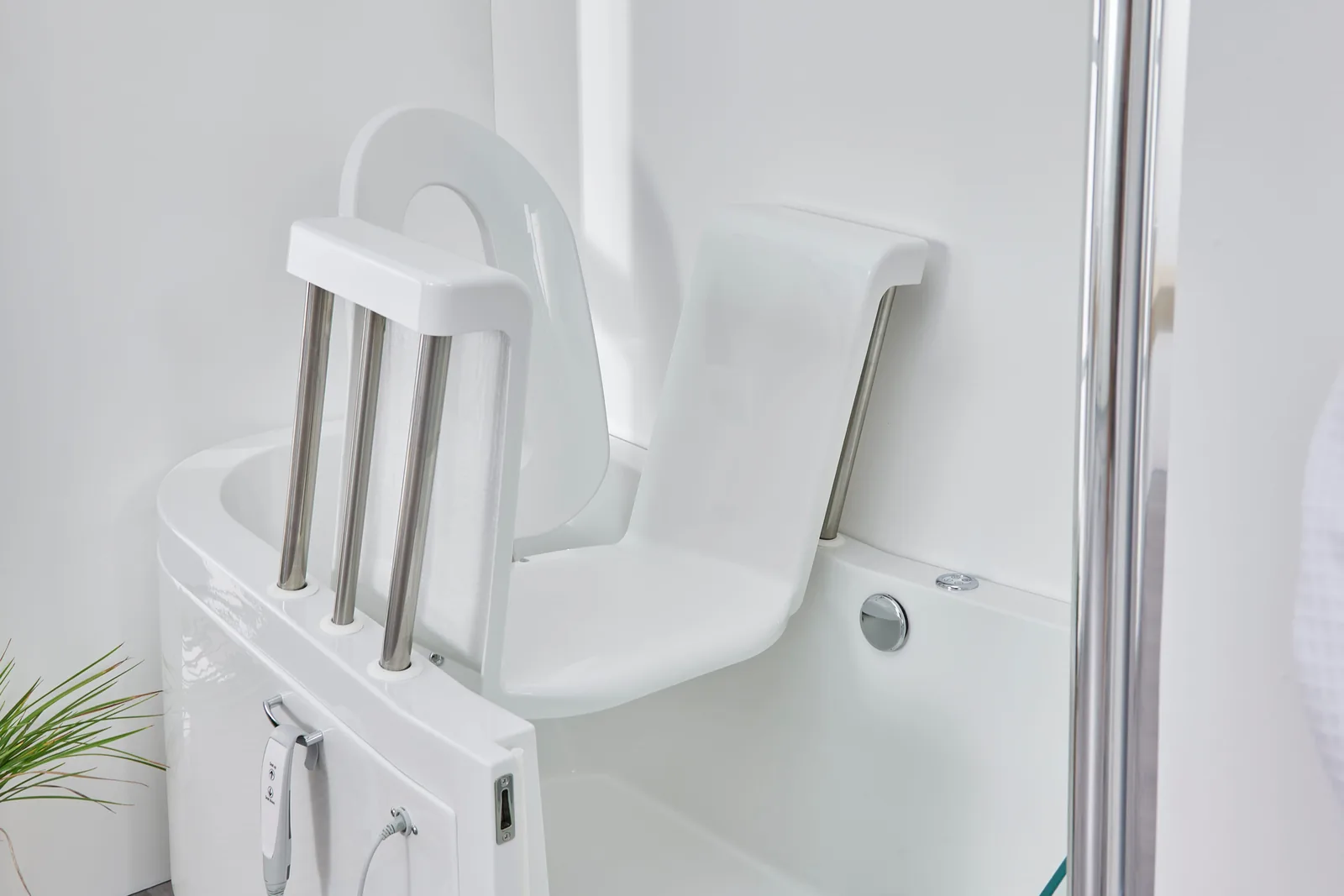 Close-up of the Easy Riser powered bath seat and backrest on stainless rails