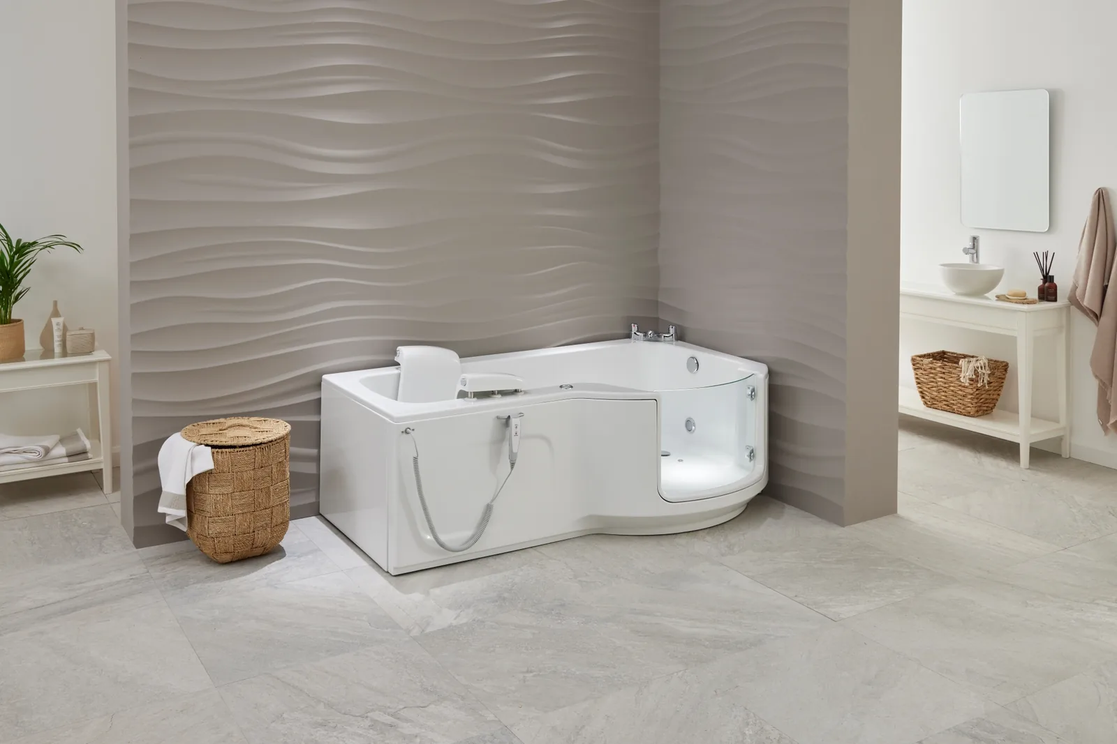 The Louisiana walk-in bath with the powered seat lowered, in a bright modern bathroom