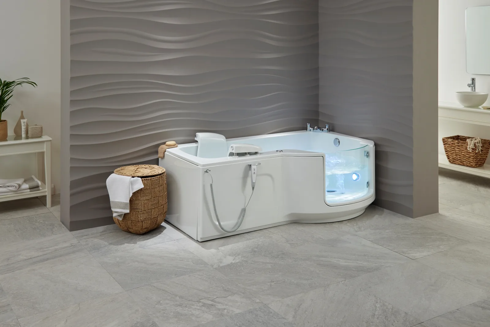 The Louisiana walk-in bath with chromotherapy lighting, in a bright bathroom