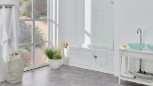 The Arizona walk-in bath with a glass shower screen and door closed, in a bright bathroom