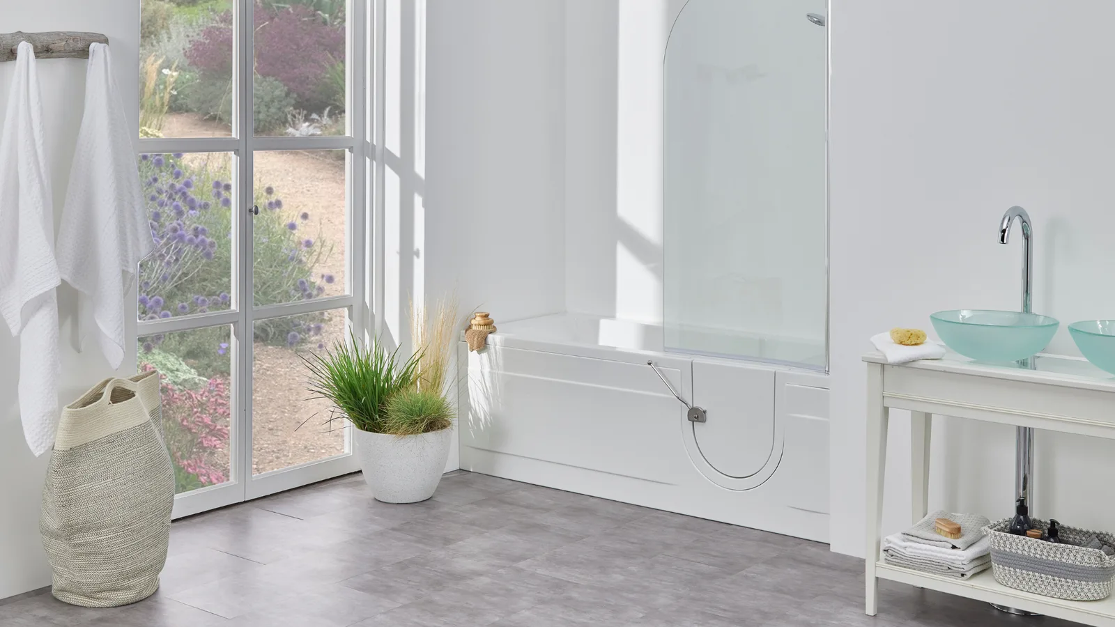 The Arizona walk-in bath with a glass shower screen and door closed, in a bright bathroom