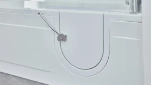 Close-up of the Arizona walk-in bath's watertight door and chrome latch