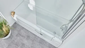 Overhead view of the Arizona walk-in bath showing its deep tub and glass screen