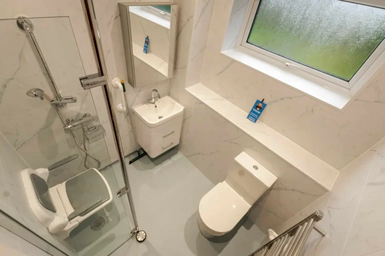 Level-access wet room with a shower seat, grab rails and toilet