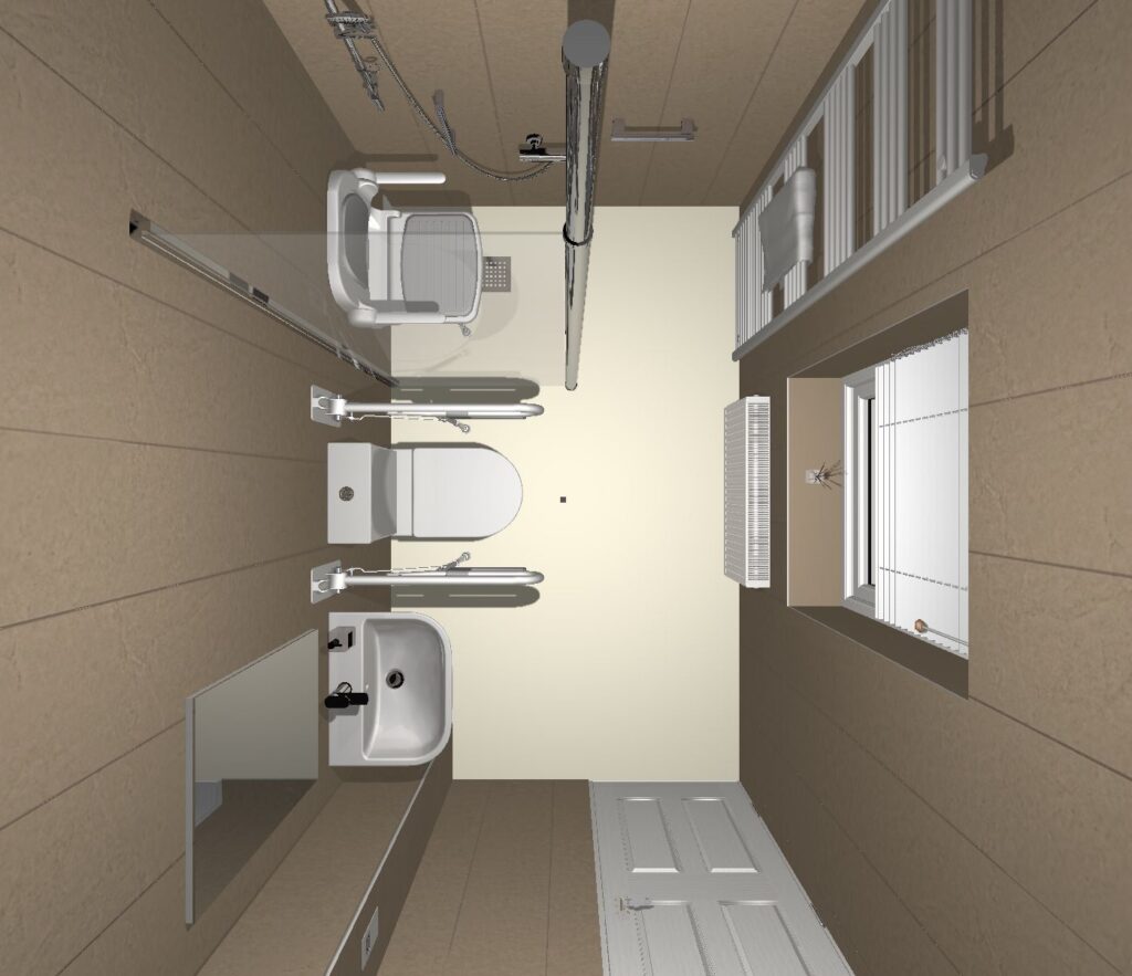3D CAD design of Elena's new level-access wet room, produced before installation began.