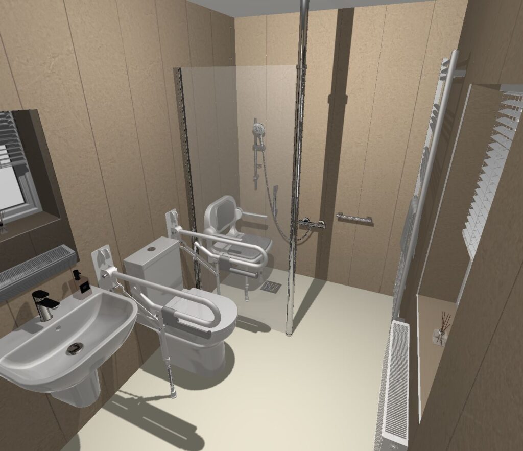 3D CAD design of Elena's new level-access wet room, produced before installation began.