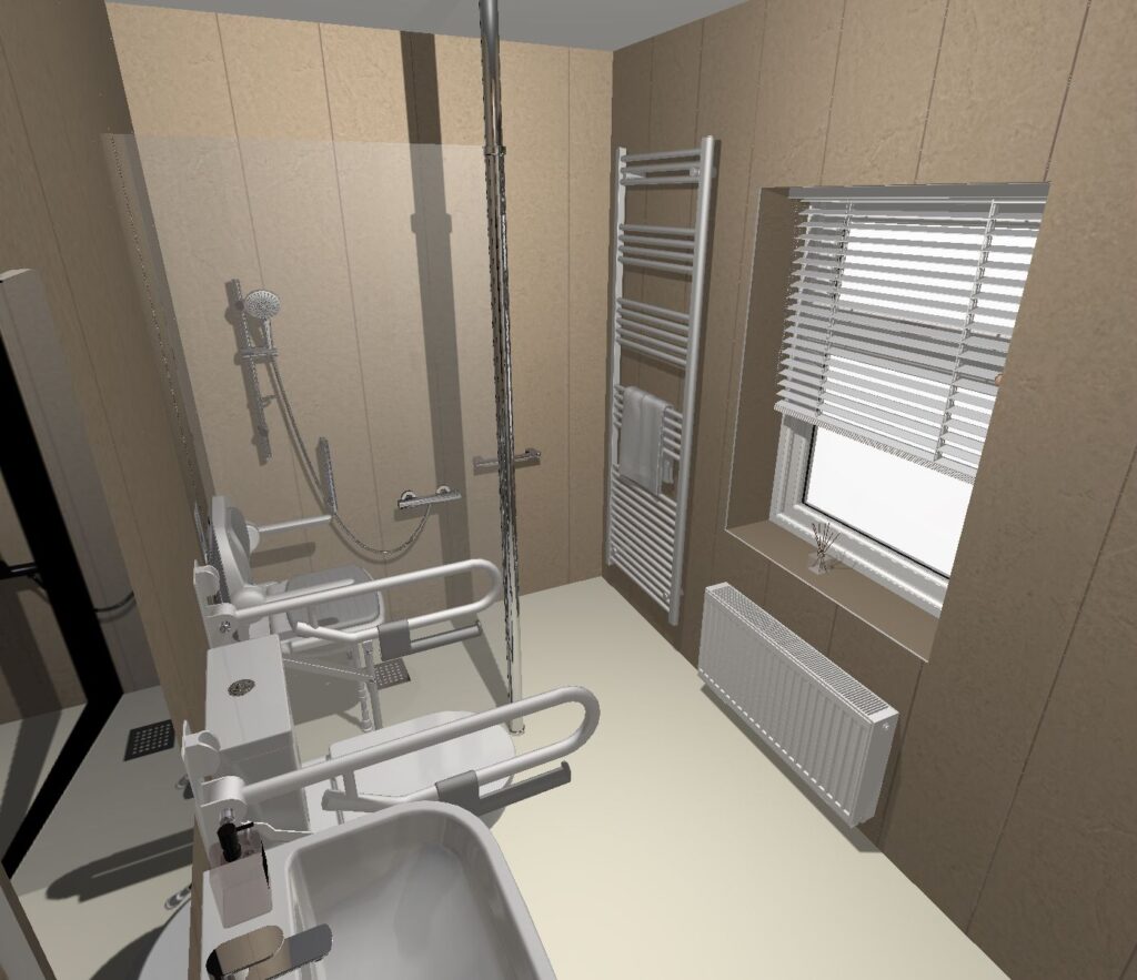 3D CAD design of Elena's new level-access wet room, produced before installation began.